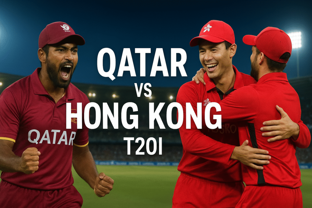 "Qatar vs Hong Kong T20I live cricket match 2025 in Doha – players celebrating wicket in night stadium"