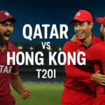 "Qatar vs Hong Kong T20I live cricket match 2025 in Doha – players celebrating wicket in night stadium"